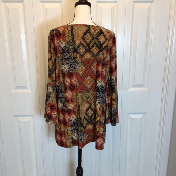 New Directions Womens Boho Brown Stretch Bell Sleeve Blouse Size Large - Picture 4 of 6
